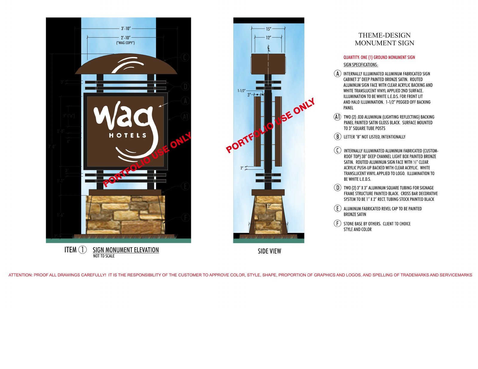 Wag Hotels monument sign drawing with dimensions, side elevation, specifications, and portfolio use only markings